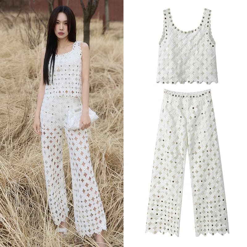 OUDINA Elegant Vintage Crochet Two Piece Set - Top & Wide Leg Pants